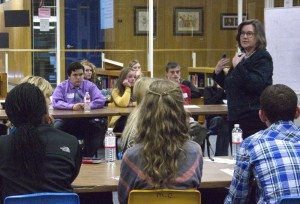 UNK professor Dr. Diane Duffin discusses how to speak to elected officials and advocate for issues with youth at the 2013 Nebraska Youth Academy for Democracy.