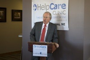 Dr. Ken Shaffer speaking at the press conference to open up the HelpCare clinic in 2015. Shaffer had served on the planning committee for the clinic and now volunteers his time there.