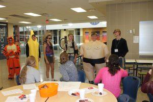 The students had a costume contest to end the meeting. Mason Casper won scariest costume (Tigger), Rowdy Melton won most fruitful costume (banana),Kathleen Juhl won best costume (tourist), Brodrick Paitz won most creative costume (Ghostbuster),Wyatt Hubbard won funniest costume (Sumo), Colin Ibach won most techy costume (Tech Support guy).